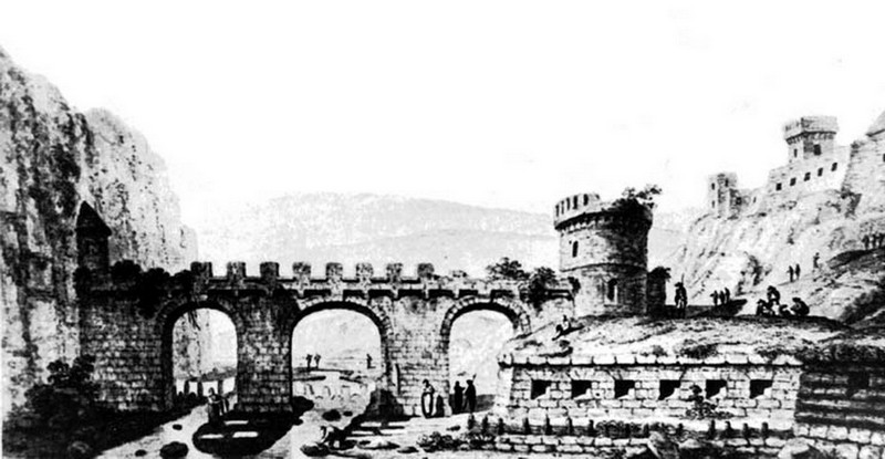 Первісний вигляд Замкового мосту в Кам’янці-Подільському на гравюрі Жана Анрі Мюнца